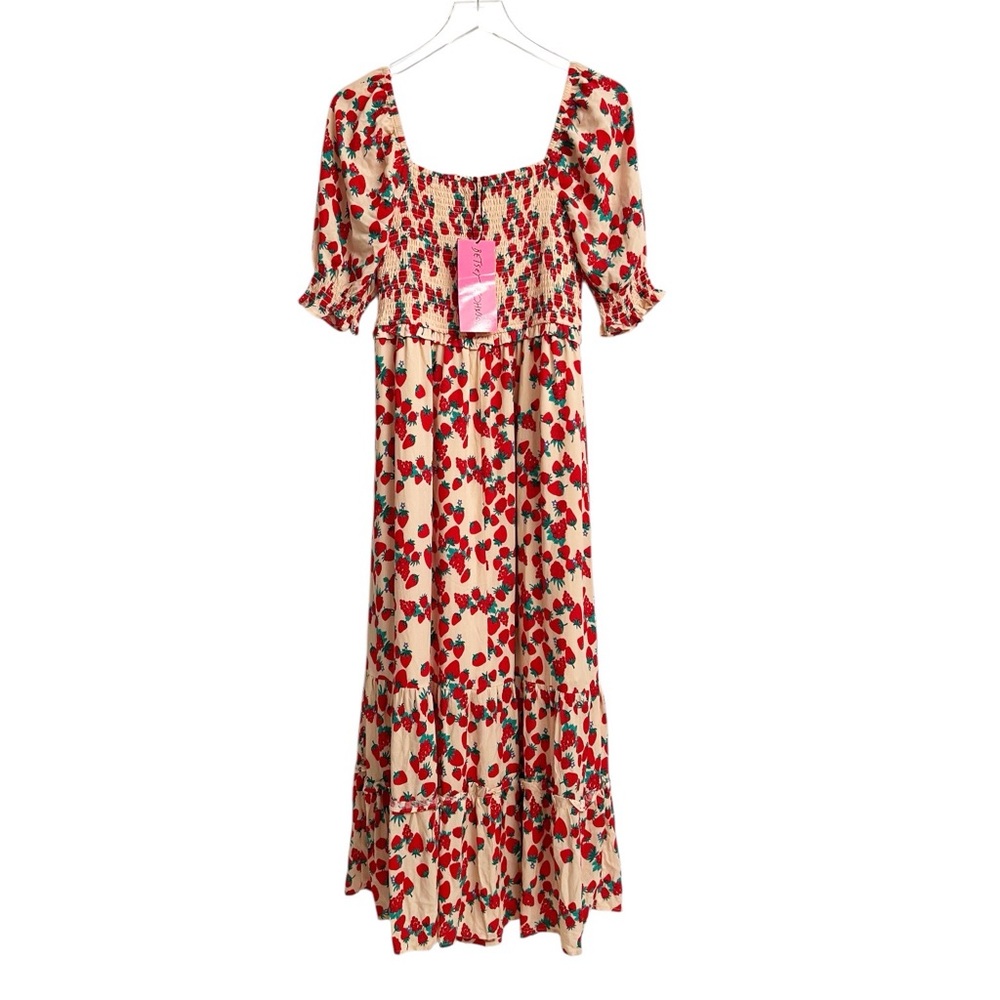 Betsey Johnson Strawberry Print Smocked Maxi Tiered Red Pink Dress Size Medium - Picture 4 of 7